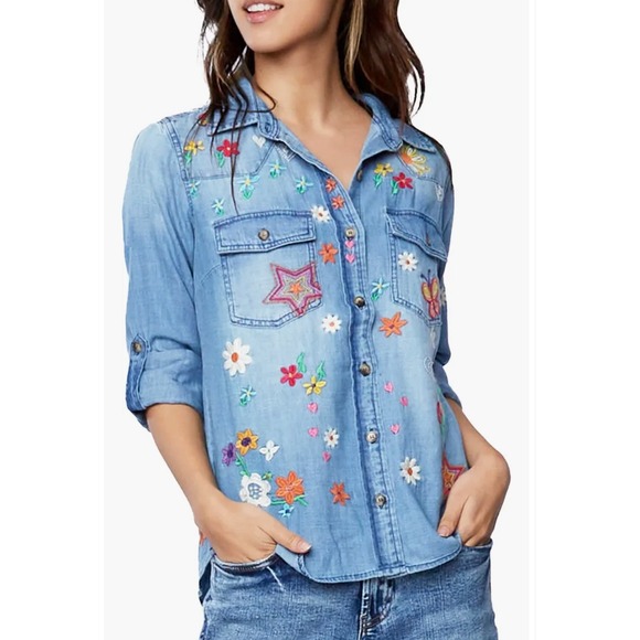 BILLY T Embellished Denim Shirt Butterflies Flowers Stars Button Down Top Women - Picture 8 of 16